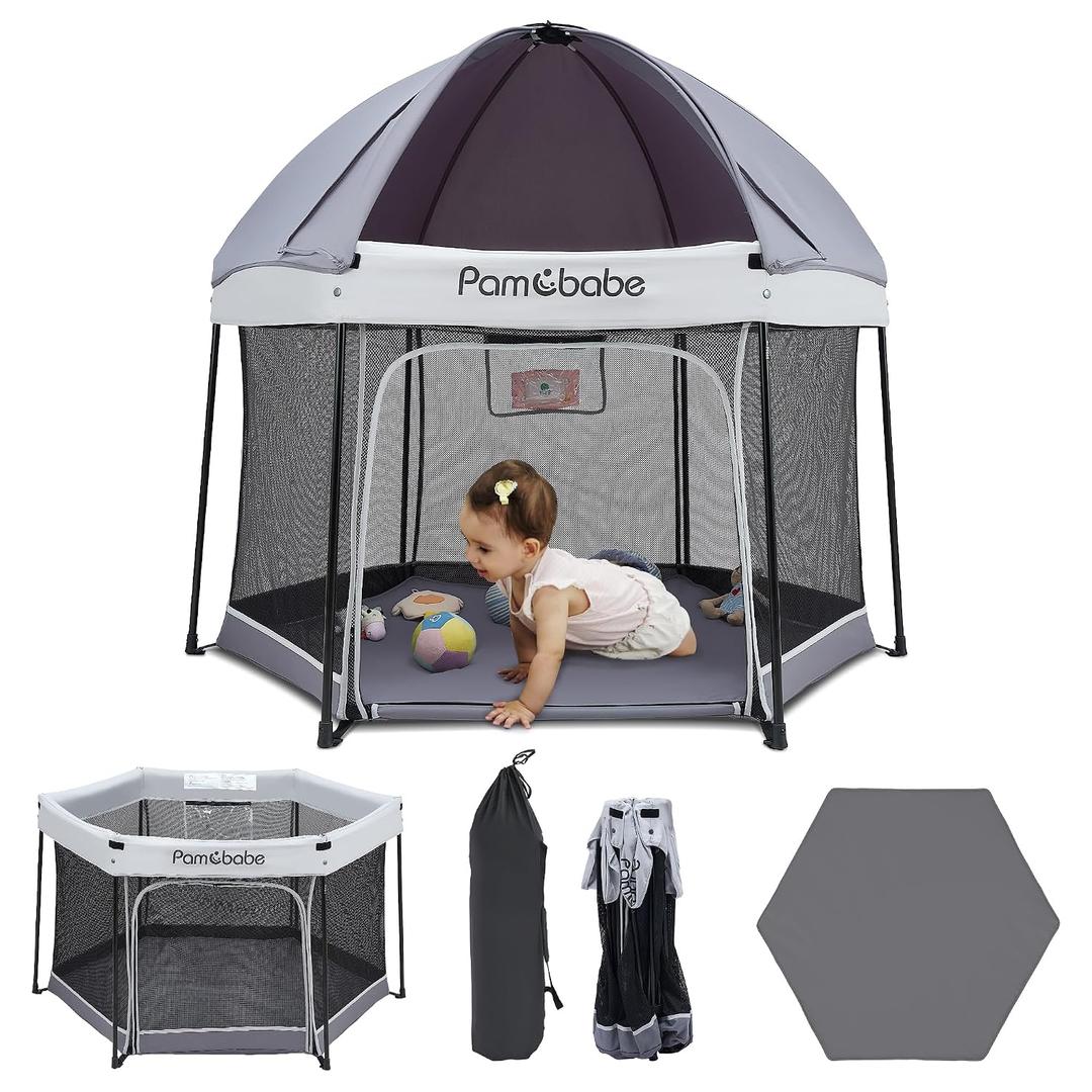 Pamo Babe Baby Playpen with Sun Protection Canopy - Indoor & Outdoor Play Yard for Babies and Toddlers - Baby Tent with Zipper Door