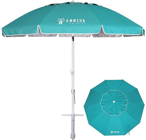 AMMSUN 8 Feet Large Beach Umbrella with Sand Anchor Heavy Duty High Wind Portable Outdoor Umbrellas UV 50+ Protection Air Vent Tilt Patio Garden Pool, Teal