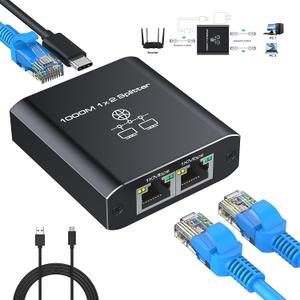 Gigabit Ethernet Splitter 1 to 2 High Speed 1000Mbps, LAN Network Splitter with USB Power Cable, Gigabit RJ45 Internet Ethernet Splitter for Cat 5/5e/6/7/8 Cable [2 Devices Networked Simultaneously]