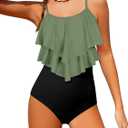 Girls Swimsuit Color Block One Piece Swimsuit 2-Tiered Ruffle Bathing Suit Adjustable Strap Girls' Swimwear 7-16Y (9-10 Years, Olive Green+ Black)