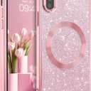 DOMAVER Case for iPhone X and iPhone Xs Case with Magnetic [Compatible with MagSafe] Luxury Clear Glitter Shockproof Protective Cover Full Camera Lens Protector Women Girls Phone Case - Pink