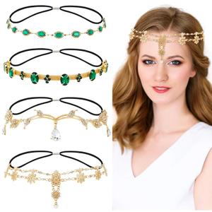 Dizila 4 Pieces Crystal Rhinestone Gems Jewelry Head Chains Boho Headbands Forehead Chains with Rubber Bands Prom Party Accessories Headpieces for Women Girls