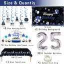 25th Birthday Decorations Set for Him, Navy Blue Silver Black; Includes Birthday Backdrop Banner, Tablecloth, 25 Number Balloons