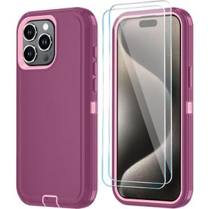 Phone Case for iPhone 15 Pro Max Case with HD Screen Protector, Heavy Duty Shockproof & DustProof & Dropproof 3-Layer Cover Phone Case for iPhone 15 Pro Max (6.7'') (WineRedPink)