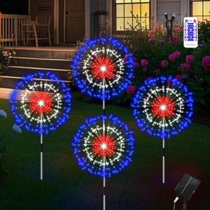 4th of July Decorations Outdoor 4 Pack Solar Garden Lights, Timer Remote Red White Blue Solar Firework Lights with 8 Modes, Waterproof Patriotic Pathway Light for Patio Independence Day Party Decor