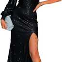 Joyfunear Women's Sequin Sparkly Glitter One Off Shoulder Long Sleeve High Split Evening Prom Maxi Long Dress Gowns Black Small
