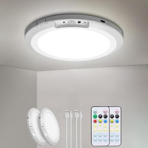 Rechargeable Motion Sensor Ceiling Light Indoor Outdoor w/Remote, 7.08 Inch Battery Operated Flush Mount Ceiling Light 3000K 4000K 6000K 400LM Dimmable for Closet Hallway Laundry Stairs (2)