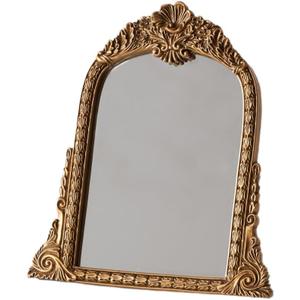 Small Gold Vintage Mirror, Antique Arched Tabletop Makeup Mirror, Hand-Carved Frame, 11" x 11.2" for Bedroom, Living Room, Vanity