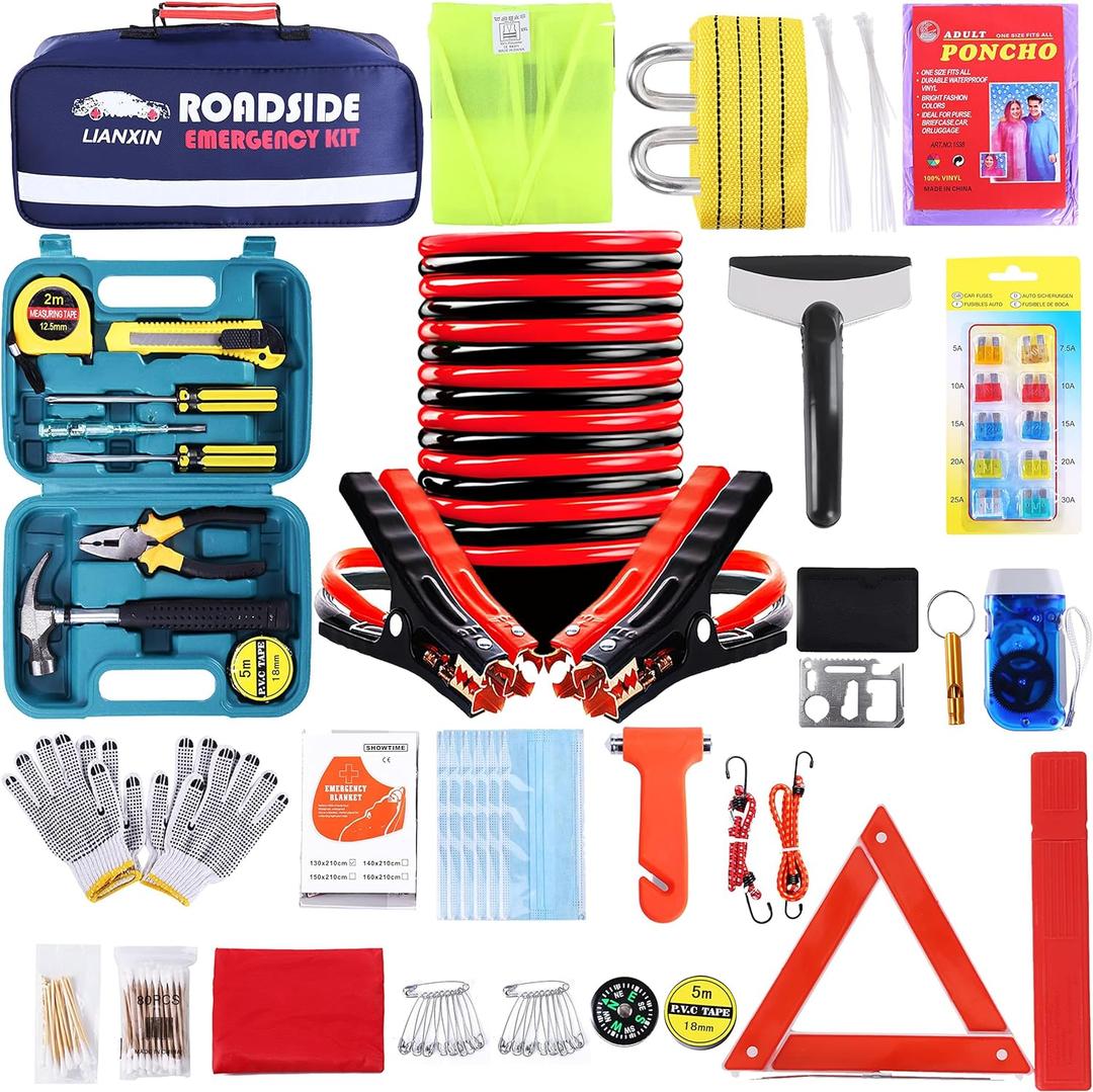 Roadside Assistance Emergency Kit - Car Emergency Kit with Jumper Cables (Upgraded) Emergency Roadside Kit for Car 142 Pieces Car Safety Kits,Tow Strap,Tool Kit,Reflective Warning Triangle (Blue)