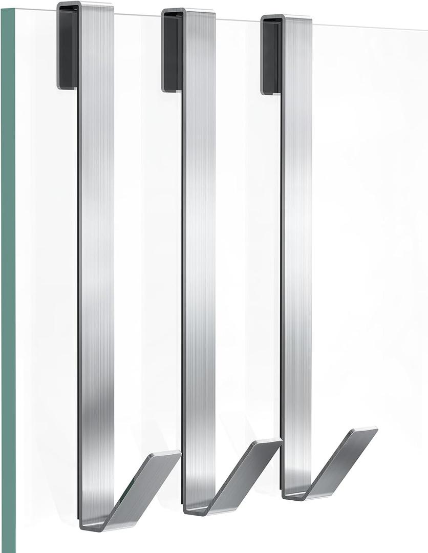 Shower Door Hooks 12 in, Shower Hooks for Towels, Heavy Duty Drilling-Free Extended Towel Hooks for Bathroom Frameless Glass Door, Over The Door Towel Hooks 3 Packs Silver