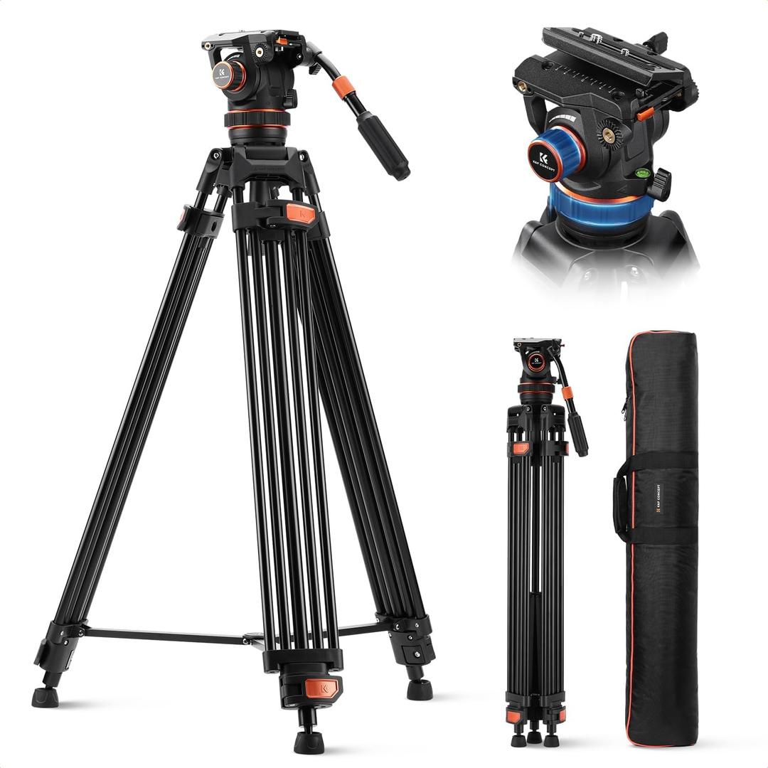 K&F CONCEPT 75" Video Tripod, Heavy Duty Camera Tripod Stand with Fluid Head Damping Adjustable, Load up to 22lb, QR Plate Compatible with Canon Nikon Sony and Other DSLR Camcorder