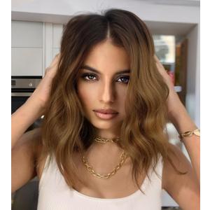 Short Brown Wavy Wig for Women Ombre Brown Lace Hairline Wigs 14 Inch Middle Part Curly Wavy Wigs Midium Length Bob Curly Wig Synthetic Lace Front Natural Hairline Hair for Daily Party Use