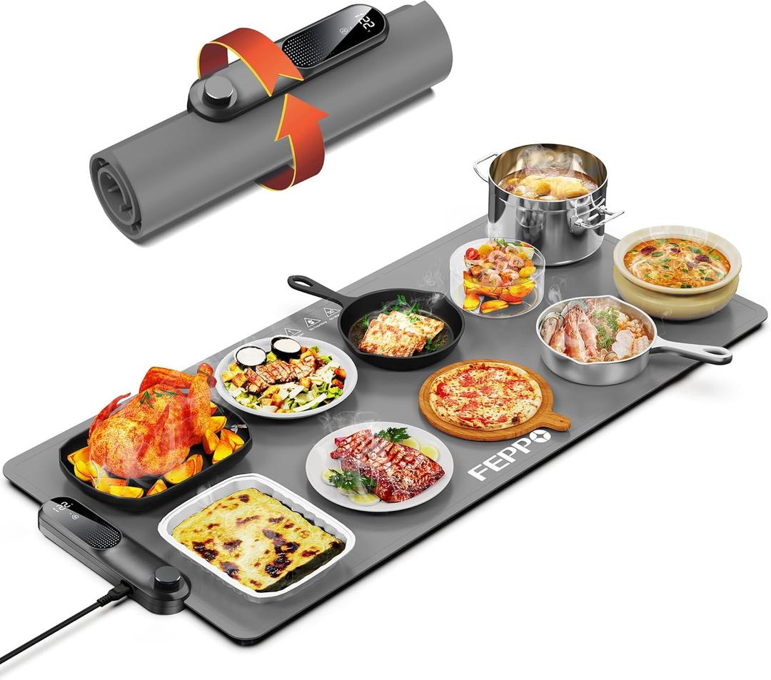 FEPPO Food Warming Mat, (XXL 35x16) Electric Warming Trays for Buffets Party, Fast Full-Surface Heating Mat for Food with 19 Level Adjustable Temperature and 6 Hours Timer, Roll Up Food Warmer (2XL Large: 35x16", Grey)