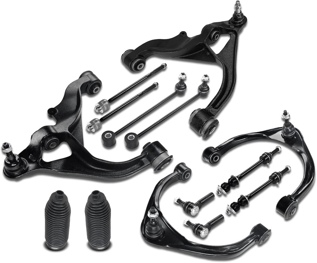 Frenzybro14pcs Front Upper Lower Control Arms Front Sway Bar Tie Rod End Link Rear Stabilizer Bar Link Rack Pinion Boot Left Right Side Suspension Kit Replacement for 2009-2012 Dodge Ram 1500-4WD