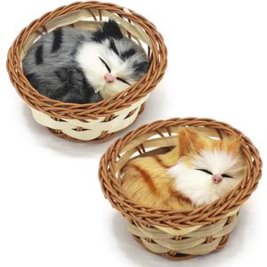 2Pcs Sleeping Cat in Basket Doll Toy, Mini Kitten in Woven Basket with Meows Sounds Decor for Office Desk Hand Toy Gift for Kids Boys Girls