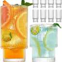 Small 7  Pack Drinking Glasses, 4pcs Highball Glasses (11oz) & 3pcs Rocks Glasses (6oz), Vintage Glass Cups, Elegant Ribbed Glassware, Iced Coffee Glasses, Glass Tumbler for Cocktail, Whiskey, Juice