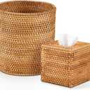 Teenyyou Log Color 2 Pcs Rattan Trash Can & Square Tissue Box Cover, Rattan Hand Woven Basket Set Wicker Bathroom Accessories for Bedroom Kitchen Office Organizer