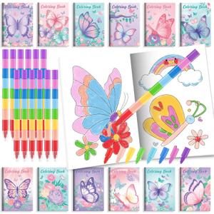 BenLouis 12 Butterfly Mini Coloring Books Kids with 24 Stacking Crayons Butterfly Theme Party Favors Activity Books Bulk for Kids Spring Fairy Birthday Goodie Bag Gift Stuffer Classroom Reward