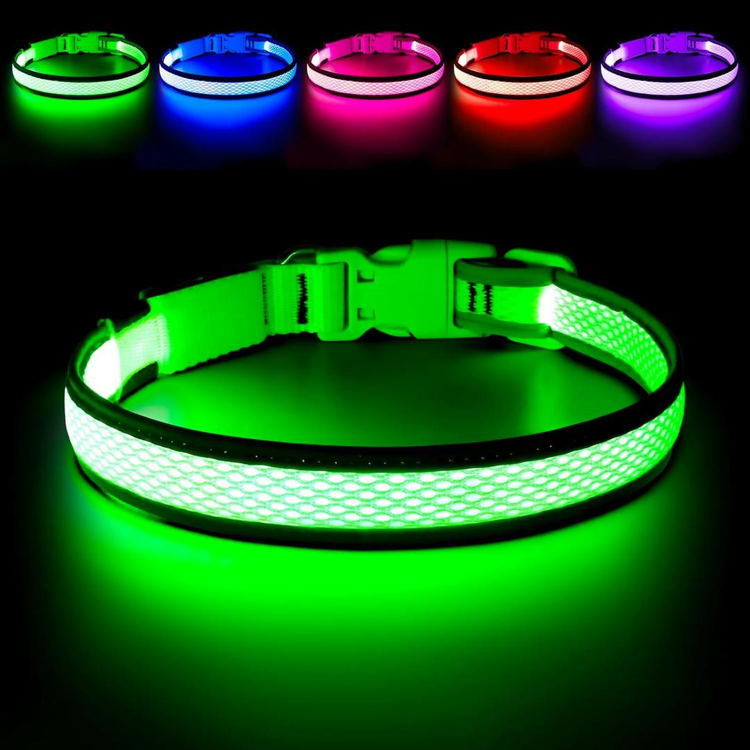 Flashseen LED Dog Collar, Light Up Dog Collar Lights USB Rechargeable, Adjustable Comfortable Soft Mesh Safety Collar for Dogs (Large, Neon Green)