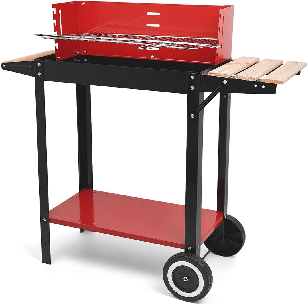 Charcoal Grill, Outdoor BBQ Portable Grill with Side Table and Wheel, Folding Grill for Outdoor Cooking Camping Garden (Red)