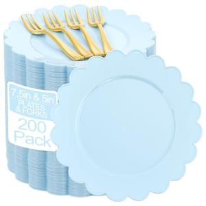 LIYH 200 Pcs Baby Blue Plastic Plates and Gold Forks Blue Dessert Scalloped Disposable Cake Plate- 7.5 Inch Premium Hard Appetizer Cake Plastic Plates for Party,Weddings,Bridal Shower,Easter