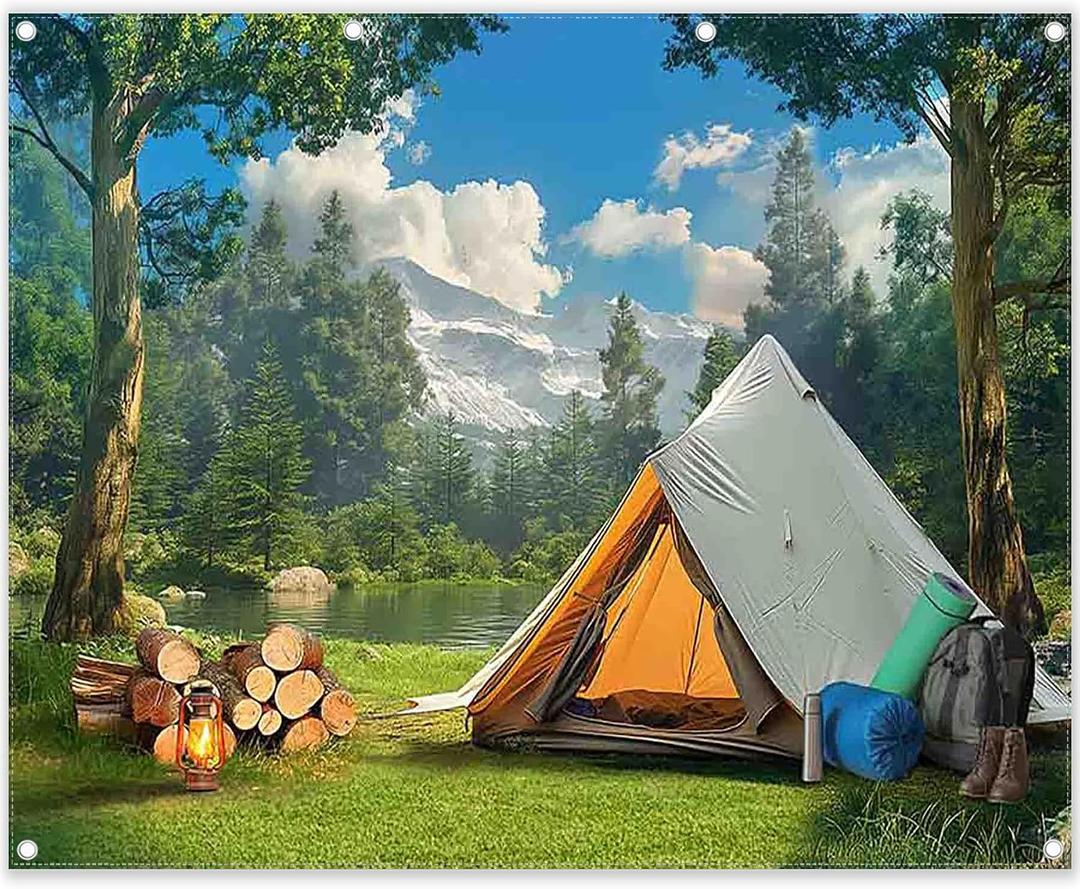 10x8ft Fabric Camping Wild Forest Natural Scenery Backdrop | Tent Photography, Mountain Lake Background, Outdoor Adventure Party Decorations, Photo Banner Props