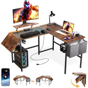L Shaped Gaming Desk with Desk Extender, 47-59in Smart Corner Computer Desk with LED Lights & Power Outlets, Monitor Stand, Storage Bag, for Work, Home Office, Bedroom, Study, Rustic Brown