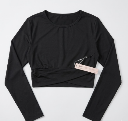 Qinsen Long Sleeve Going Out Tops for Women Trendy Crewneck T Shirt Sexy Slim Fit Crop Tops Casual Basic Tees Wrap Pullover, Size S