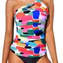 Tempt Me Two Piece Tankini Bathing Suits for Women One Shoulder Swim Top with Bottom Swimsuits (X-Small, Color Block)