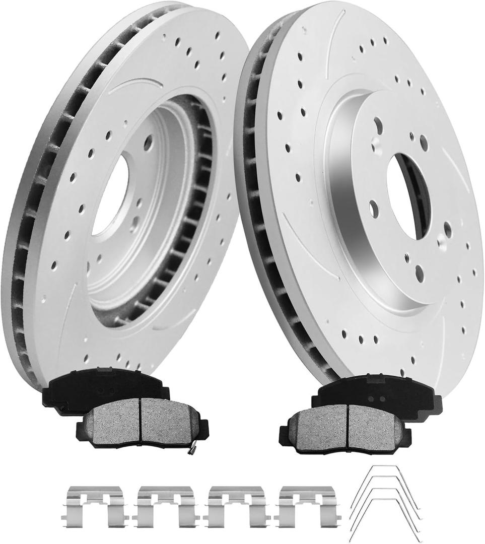 MOTOREVO Front Geomet Coated Brake Kit for Accord [ 2013-2022 292.6mm 11.52in Rotors ] (2013-2020 EX & Select Trims) (2018-2022 LX/EX-L ONLY for 1.5L) Drilled & Slotted Vented Discs & Ceramic Pads