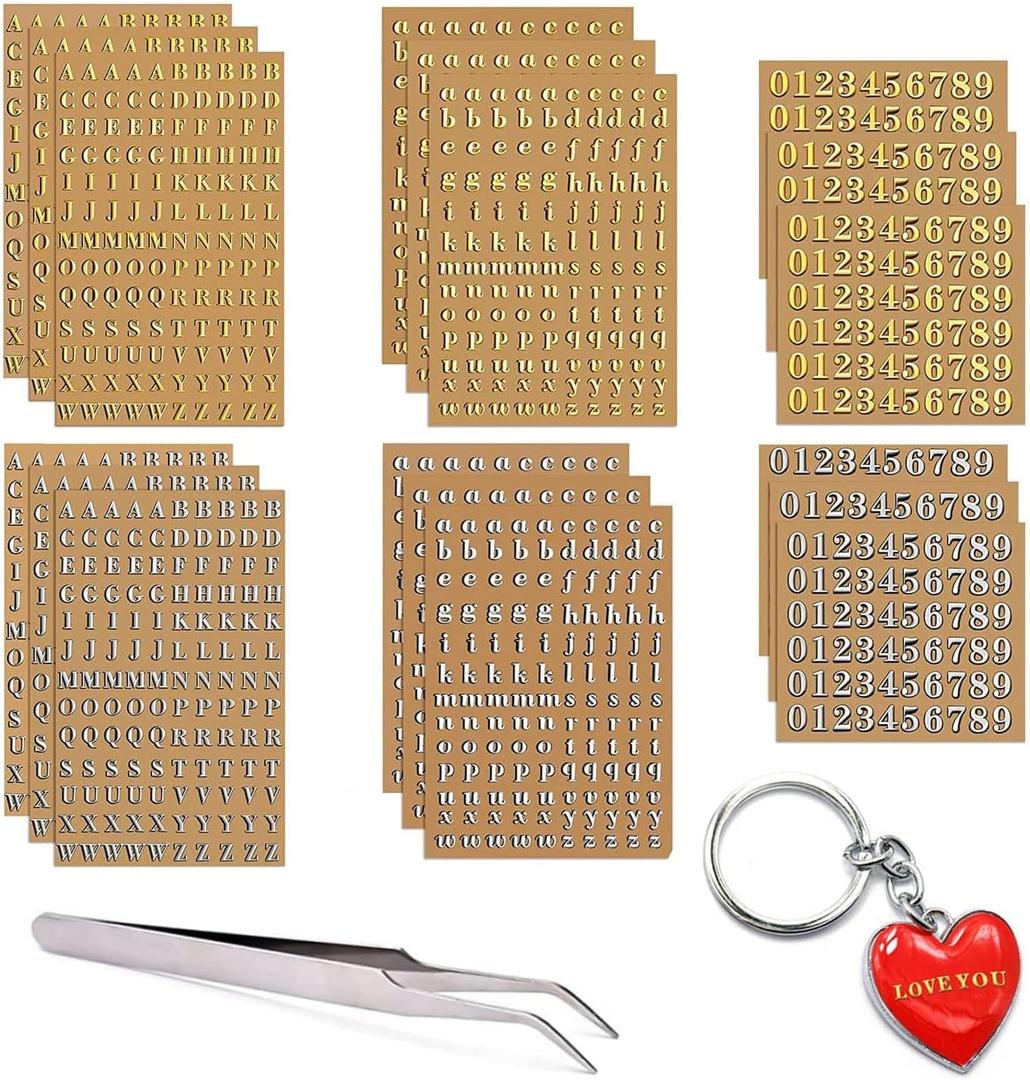 18 Sheets Mini Gold/ Silver Letter Stickers for Nail Art, Epoxy Resin Crafts, Glitter Self-Adhesive DIY Scrapbook Stickers with Tweezers