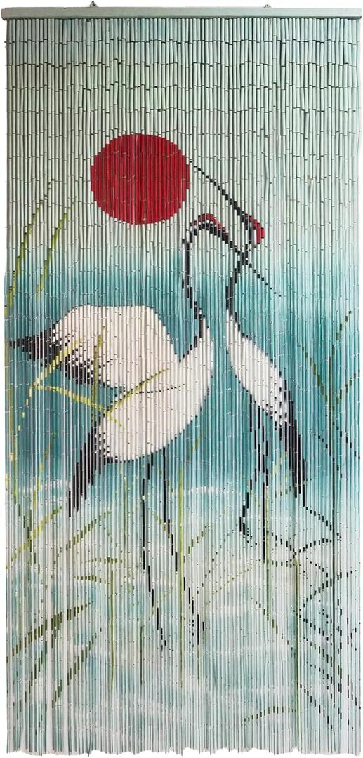 Vietbud Dcor Cranes with Red Sun Beaded Curtains for Doorways, Decorative Room Divider, Natural Vietnamese Craft, Indoor Hanging Bamboo Blinds, Sturdy Hook, Easy to Clean, 35.43 x 78.74 Inches