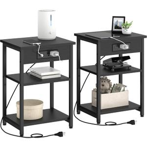 End Tables Set of 2 with Charging Station USB Ports, 3 Tier Tall Night Stand with Storage Shelves, Record Player Stand Narrow Side Table for Small Space Living Room Bedroom Office, Easy Assembly,Black