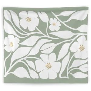 Abstract Boho Light Flowers Plant Tapestry Wall Hanging, Trendy Boho Green and White Botanical Wall Blanket Decor for Bedroom Living Room Girls Room Dorm Apartment, 50x60 Inch