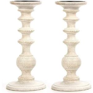 Hosley Set of 2 White Wooden Pillar Candle Holder 11 Inch High Country Style Ideal for Weddings or Parties as Well as Home Decor