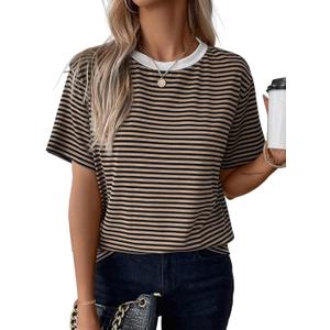 LilyCoco Women's Short Sleeve Striped Shirt Summer Crewneck T Shirt Basic Tops (Medium, Colorblock Bown)