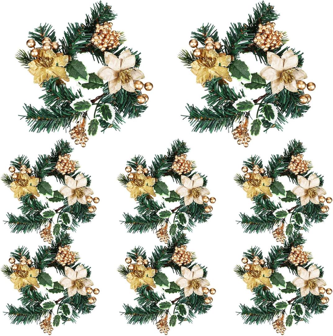 Yilloog 8 Sets Christmas Candle Rings Wreaths Berry Pinecone Yellow Poinsettia Wreaths Rings Xmas Mini Candle Holders for Christmas Centerpiece Wedding (Trendy)