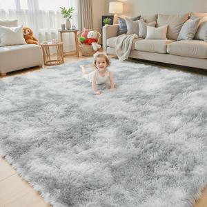 8x10 Area Rugs for Living Room Bedroom, Large Area Rug Shag Shaggy Carpet Soft Plush Furry Bedside Rug, Rugs for Home Decor (Light Grey Tie-Dyed, 8x10 Feet)