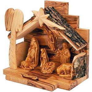 Olive Wood Nativity Set with Figurines  Natural Bark Roof Stable  Handmade Christian Christmas Decoration  Holy Land Gift  Made in Bethlehem  Religious Manger Scene Display