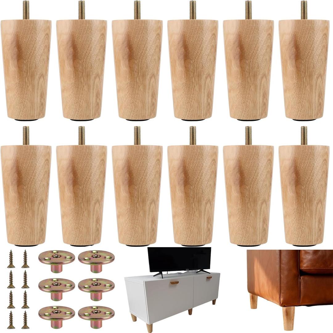 HAKZEON 12 PCS 4 Inch Round Solid Wood Furniture Legs for Sofa, Chair, Dresser and Footstool Replacement, Home DIY Projects