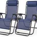 Zero Gravity Chair Set of 2, Lounge Chair Folding Portable Adjustable Camping Reclining Chairs with Adjustable Pollow, Mesh Back, Cup Holder Trays Lawn Patio Chair for Pool Beach - Blue