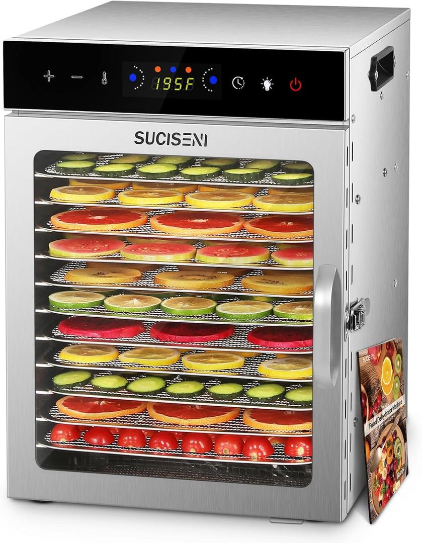 Food Dehydrator Machine 12 Stainless Steel Trays 1000W Meat Dehydrator for Home Use, 24H Timer & 195 Temperature Control Food Dryer for Jerky Fruit Herbs Mushroom Dog Treats