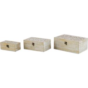 Deco 79 Mango Wood Floral Handmade Decorative Box Decorative Keepsake Boxes with Hinged Lid, Set of 3 Storage Boxes 8", 10", 12"W, White