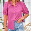 PRETTYGARDEN Women's 2026 Summer Button Down Shirts Short Lantern Sleeve V Neck Cotton Cute Tops Dressy Casual Blouses (M)