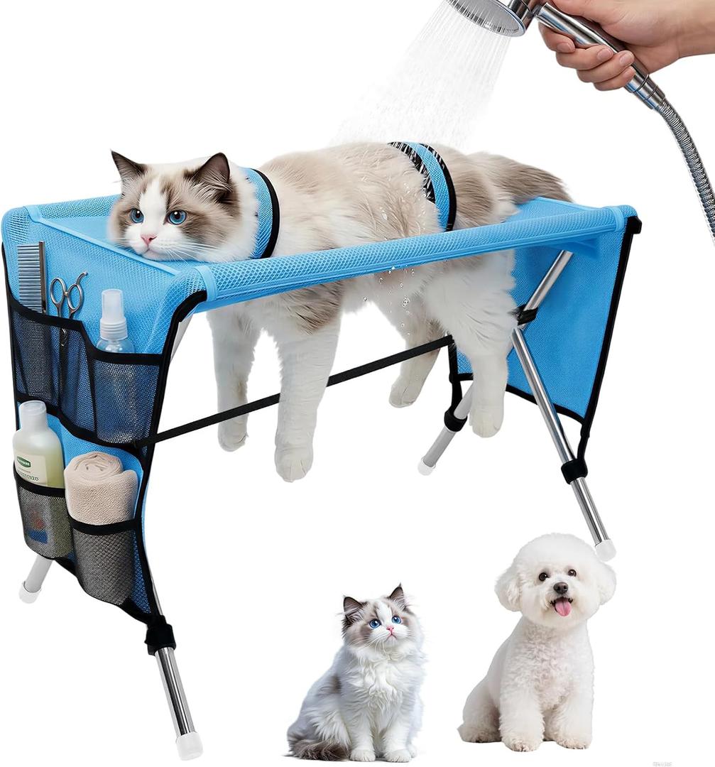 Pet Grooming Hammock for Small Dogs & Cats, Stainless Steel Bracket, 30-Pound Weight Capacity, Foldable Dog & Cat Grooming Table for Nail Trimming, Bathing & Care