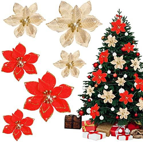 Aoriher 36 Pcs Christmas Poinsettia Flowers 3 Size Artificial Glitter Poinsettia Flowers with Clips Xmas Decoration Ornaments for Xmas Tree New Year Home Outdoor (Red, Gold)