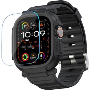 elkson Made for Apple Watch Ultra 2 1 Bumper Case Band 49mm Screen Protector Tempered Glass, Quattro Pro 2.0 Series Rugged for iWatch, Military Grade Durable Protective Cover, Shock Proof, Black