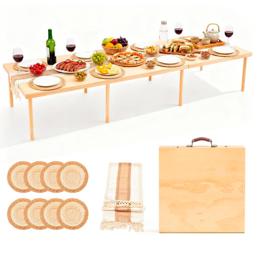 Novabright 120" x 30" Folding Boho Picnic Table with Woven Placemats and Table Runner Portable Low Picnic Floor Desk with Adjustable Legs for Beach, Wedding, Camping, 16 People, Four-fold Style