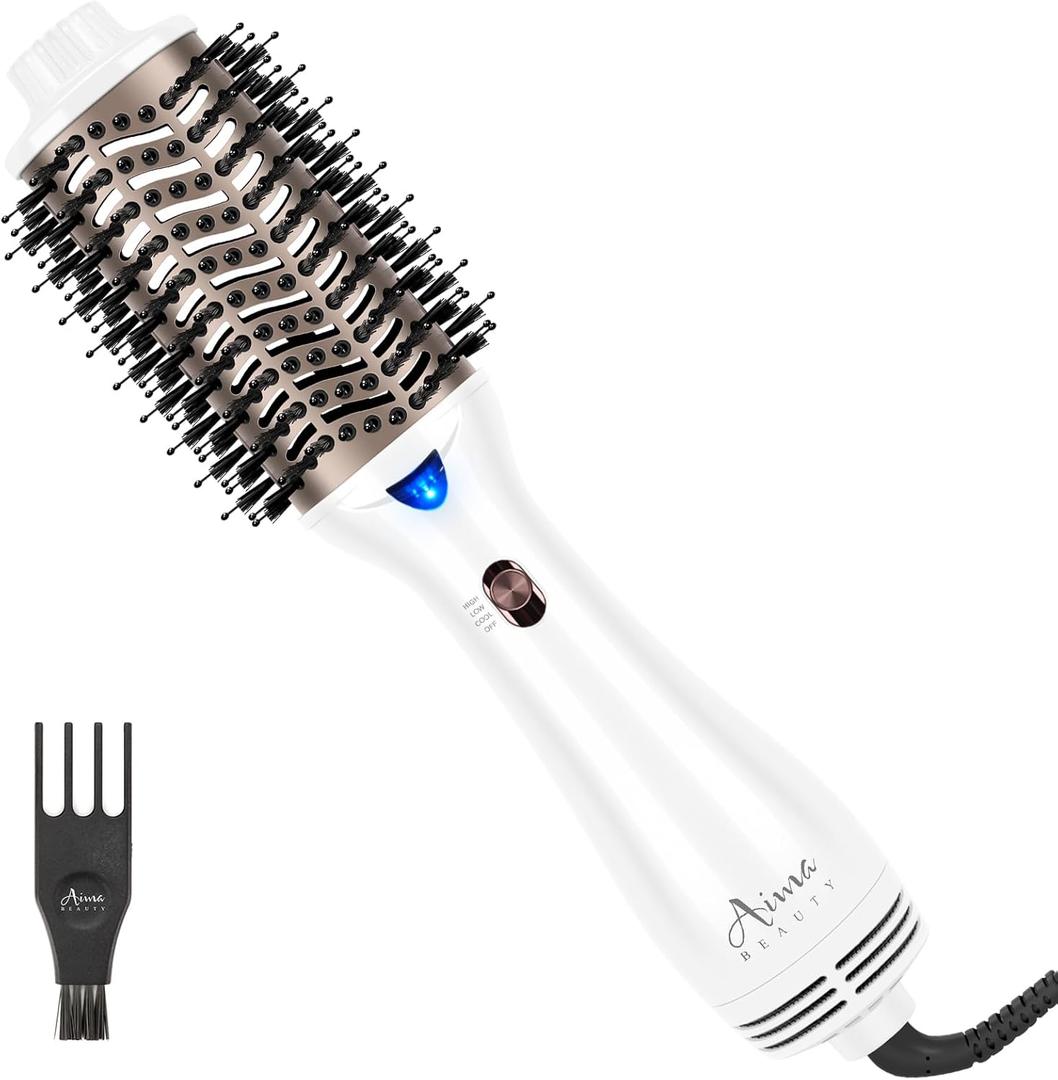 Aima Beauty Blow Dryer Brush - Ionic Ceramic Hot Air Brush for Frizz-Free Straightening & Voluminous Blowout, 2.3/ 60mm Oval Barrel with Nylon Bristles, 360 Surrounded Vent, 3 Heat Settings, White