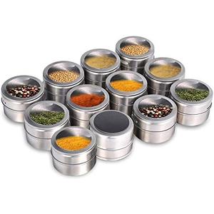 Beeyoka Magnetic Spice Jars,12 Pcs Stainless Steel Spice Tins with Lid and Small Holes for Sprinkle Rust Free Easy to Clean Includes 94 Labeling Stickers